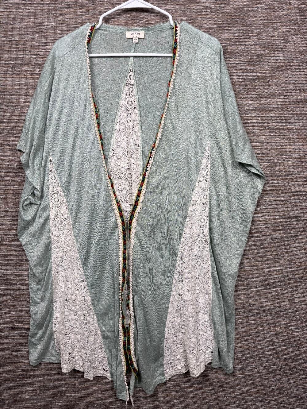 Umgee Kimono Sweater With Crochet Trim Womens Size S/M Green Bohemian Hippie